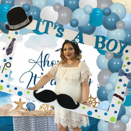 Vista 7 de 70 piezas de decoraciones náuticas para baby shower para niños con fondo Ahoy It's a Boy azul blanco marino marino faro barco y arco de globos