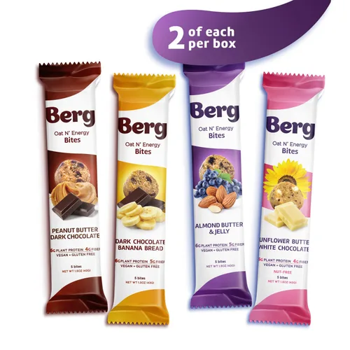 Vista 2 de Berg Energy Bites - Paquete variado de bocadillos de proteínas a base de plantas con 0.63 onzas de proteína y 0.04 onzas de azúcar, vegano, sin