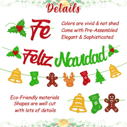 Vista 2 de 25 piezas de decoraciones de fiesta de Feliz Navidad, pancarta española de Feliz Navidad, guirnalda de acebo para festival de invierno, vacaciones