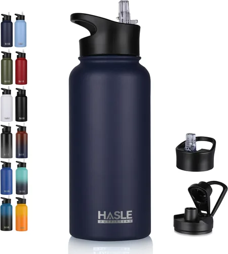 Vista 55 de HASLE OUTFITTERS Botella de agua aislada de 22 onzas, botella de agua de acero inoxidable de doble pared de boca ancha con tapa de popote y tapa