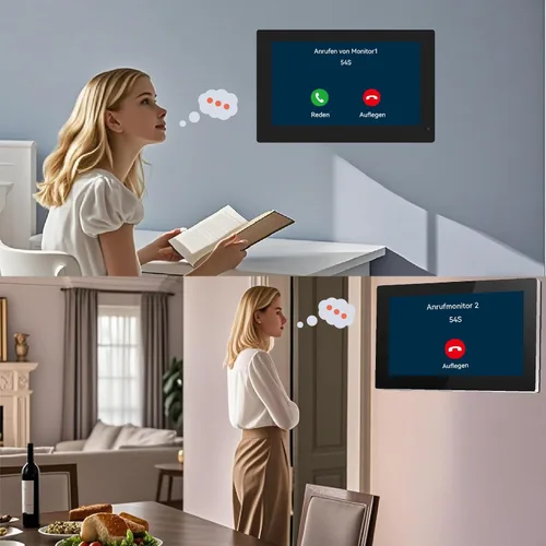 Vista 5 de Timbre de video de 1080p con sistema de monitor, portero de video WiFi 1080FHD cámara de metal, 7 pulgadas dos monitores con tarjeta de 32 GB