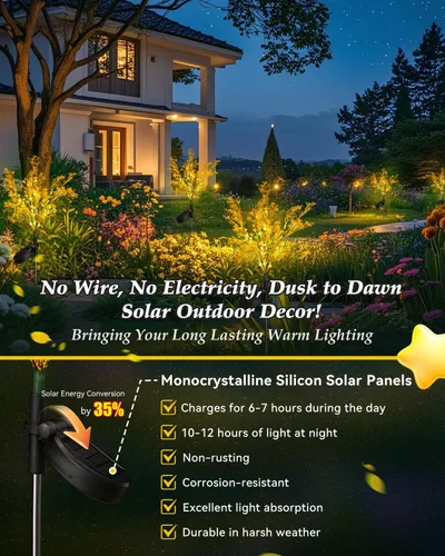 Vista 3 de Neporal Luces solares decorativas para exteriores, 2 unidades, 7 tallos dorados, flores solares para exteriores, impermeables, para jardín, patio