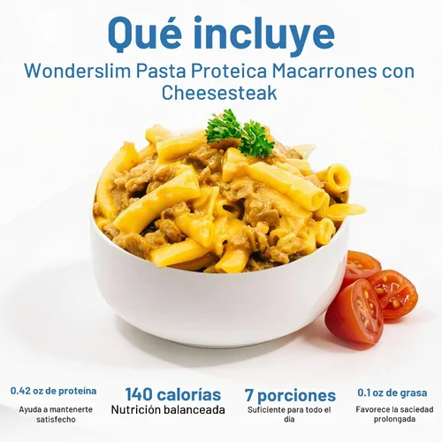 Vista 4 de WonderSlim Pasta de Proteína, Macarrones con Queso y Filete, 140 Calorías, 12g de Proteína (7 unidades) 12g Protein, 140 Calories, 0g Trans Fat