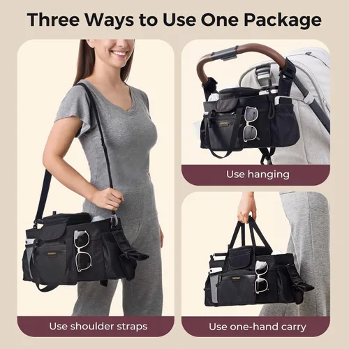 Vista 6 de Momcozy Organizador de Cochecito Extra Grande Max con Bolsa de Chupete de Grado Alimentario 2 Portavasos Aislados Correas Antideslizantes