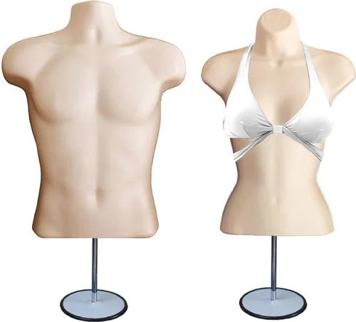 Vista 38 de Maniquí de torso masculino y femenino con soporte de metal, cuerpo con respaldo hueco, apilable, forma de vestido para exhibición de camisetas Negro