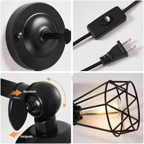 Vista 4 de Aplique de Pared Enchufable, Apliques de Pared Industriales Iluminación de Pared, Lámpara de Pared Vintage con Cable de Enchufe, Aplique Negro
