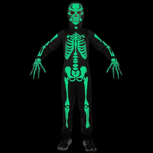 Vista 2 de SKCAIHT Disfraz de esqueleto para niños que brillan en la oscuridad disfraz de Halloween aterrador para niños y niñas 12-14 años negro