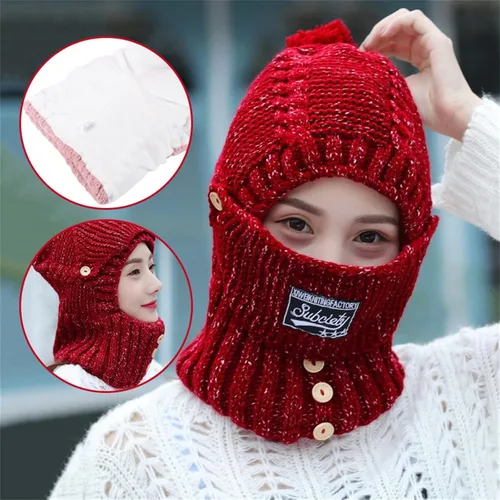 Vista 3 de Máscara 2 en 1 para mujer, bufanda de punto, gorro elástico cálido de invierno con protectores de oídos, resistente al viento, gorra integrada