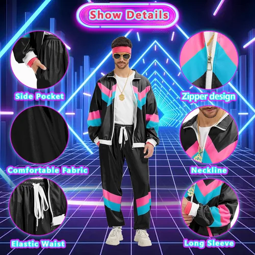 Vista 4 de Traje de los años 80 para hombres y mujeres, un conjunto de disfraces de los años 80 y 90 con accesorios, trajes deportivos para parejas