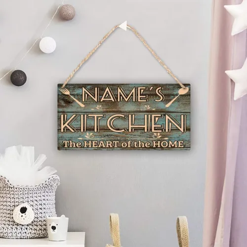 Vista 3 de Letrero de cocina de madera personalizado con sazonado con amor, accesorios de cocina, decoración de pared, regalos
