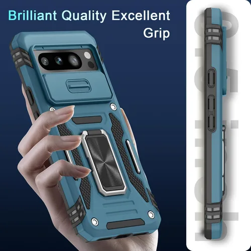 Vista 7 de DEERLAMN Funda para Google Pixel 8 Pro con cubierta deslizante para cámara + protector de pantalla (1 paquete), soporte de anillo giratorio tipo