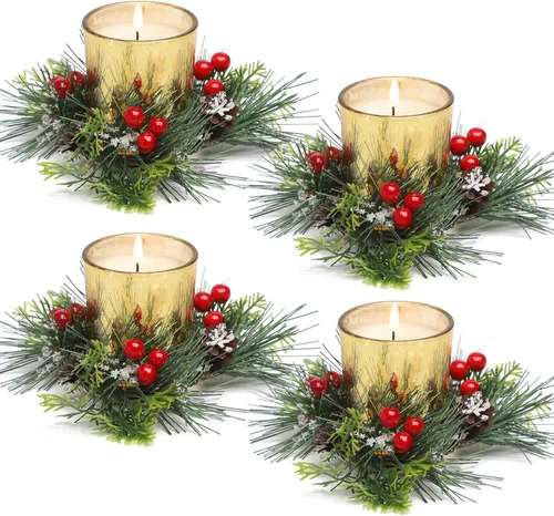 Vista 9 de Anillo de Vela de Navidad, 4 Piezas Velas Votivas con Bayas Rojas y Piña, Anillo de Vela de Navidad para Decoración de Centro de Mesa de Boda