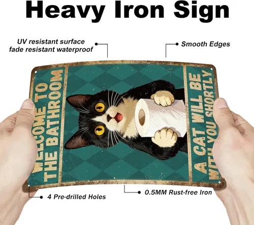 Vista 3 de GLOBLELAND Bathroom Black Cat Metal Tin Sign 8x12 inch "Welcome to the Bathroom" Funny Vintage Painting Tin Signs Wall Poster Plaque for Toilet Room