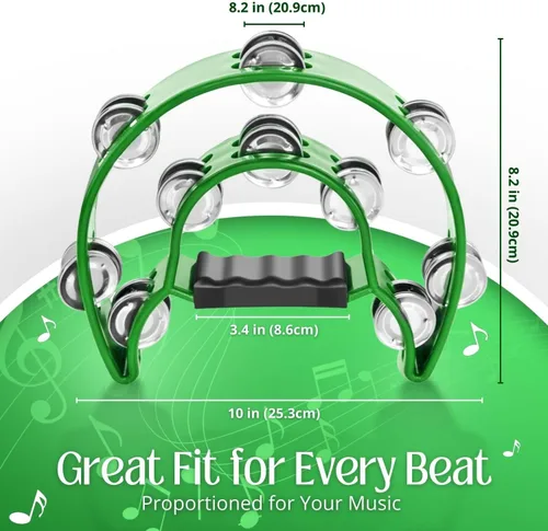 Vista 4 de Flexzion Pandereta Half Moon para adultos con jingles de doble fila, color Verde