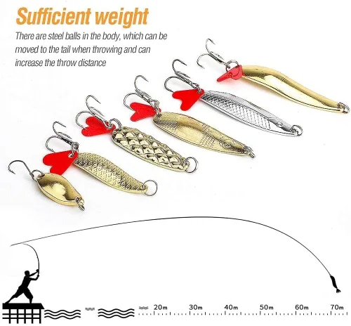Vista 2 de DONQL Spoon Fishing Lures, Metal Fishing Spoon Lures Hard Baits Saltwater Fishing Lures Spinner Baits Fish Treble Hooks Tackle Salmon Bass