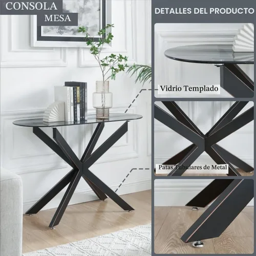 Vista 3 de Moderna mesa consola ovalada de vidrio, mesa de sofá estrecha para entrada, entrada, sala de estar, vestíbulo, pasillo, oficina, 45 pulgadas de Negro