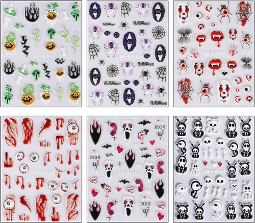 Vista 7 de 6 hojas de calcomanías de arte de uñas de Halloween, 5D estéreo, autoadhesivas, diseño de ojos holográficos, fantasma, llama, calabaza, día