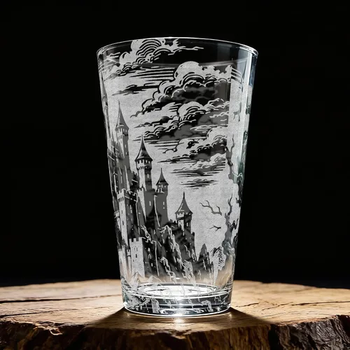 Vista 3 de Dracula's Castle - Vaso de cerveza grabado, 16 onzas, regalo de vaso de cerveza de vampiro