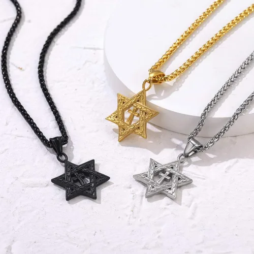 Vista 5 de GOLDCHIC JEWELRY David Star Necklace for Men, Stainless Steel Cross Pendant Jewish Israel Jewelry with Water Wave Chain