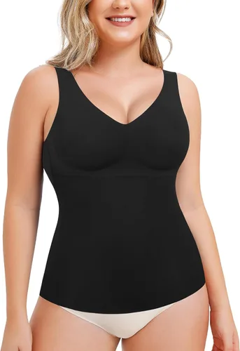 Vista 2 de LODAY Shapewear - Camiseta sin mangas con control de abdomen para mujer, camiseta de compresión con cuello en V, camiseta para adelgazar el cuerpo