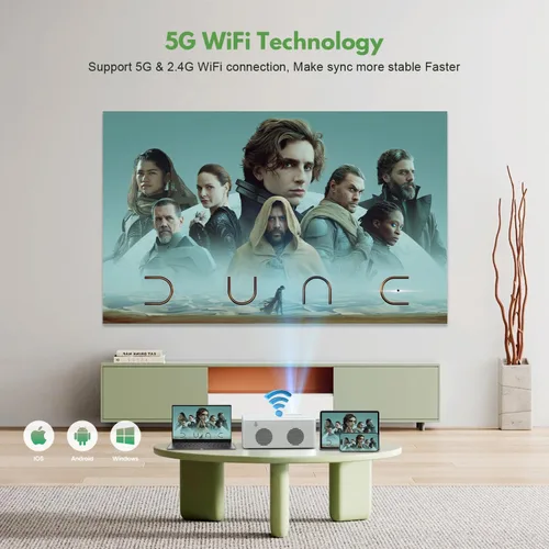 Vista 4 de Mini proyector con WiFi y Bluetooth, proyector de película para exteriores compatible con 1080P, compatible con Android/iOS/Windows/TV Stick/HDMI/USB