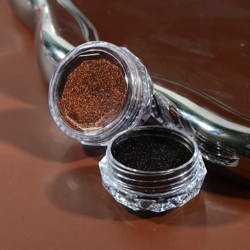 Vista 6 de Polvo cromado metálico marrón, 2 tarros estilo Maillard café marrón efecto brillo pigmento cromo polvo polvo puntas manicura con aplicadores