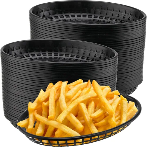 Vista 11 de Paquete de 40 cestas de plástico negro de 8.9 x 5.7 x 1.6 pulgadas, cestas para servir restaurantes, bandeja ovalada de comida rápida para picnic