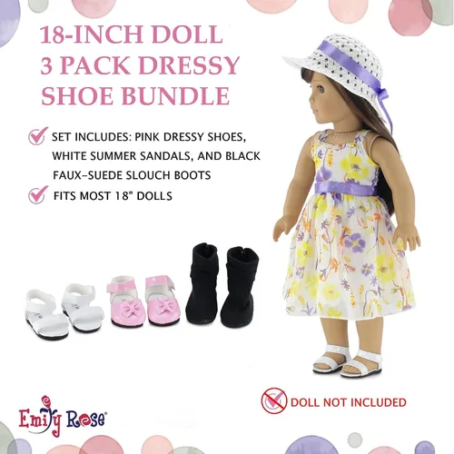 Vista 3 de Emily Rose Ropa para muñecas: paquete de 3 zapatos de muñeca de 18 pulgadas, juego de regalo de valor: zapatos rosados, sandalias blancas y botas