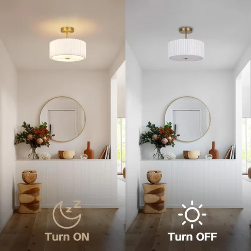 Vista 5 de Lámpara de techo moderna semiempotrada con pantalla de tela plisada, lámpara dorada de tambor de 12.5 pulgadas con luces, lámpara de lino blanco