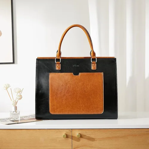 Vista 5 de BROMEN Maletín de cuero para mujer 15.6 pulgadas portátil bolso de hombro negro con marrón y mujeres cuero RFID blcoking cremallera cartera marrón