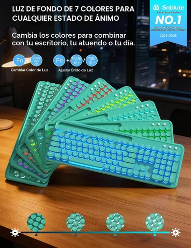Vista 2 de Teclado y mouse inalámbricos, máquina de escribir retroiluminada con Verde Aqua