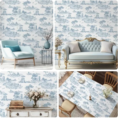 Vista 7 de WENMER Toile de Jouy - Papel de contacto Toile de Jouy, papel tapiz azul y blanco, papel adhesivo vintage de país francés para dormitorio, sala