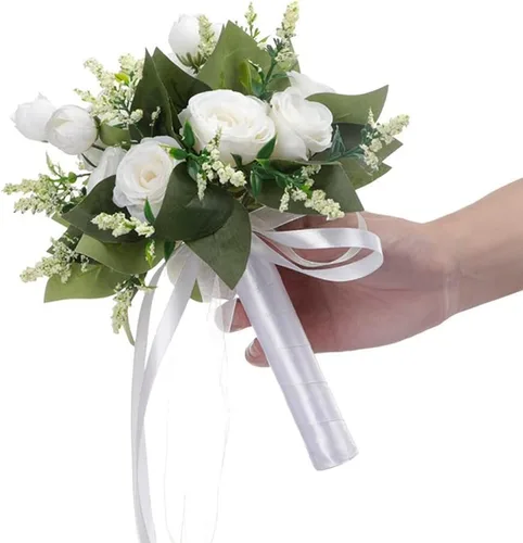 Vista 2 de EUBUY Ramos de boda para dama de honor, rosas artificiales blancas de 10.2 pulgadas, juego de ramos de seda de la serie Forest con lazo de cinta