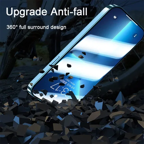 Vista 6 de Funda para iPhone 14 Cubierta de hebilla de doble cara Cubierta de pantalla y cámara Cubierta protectora de parachoques de metal Funda transparente