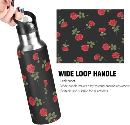 Vista 4 de Red Roses Green Leaves Black Insulated Water Bottle 20 Oz Leakproof Water Bottles, BPA-Free Sports Water Bottle with Straw