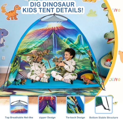 Vista 5 de Tienda de campaña de dinosaurio para niños varones, tienda de campaña de dinosaurio para niños para diversión interior y exterior, regalo perfecto