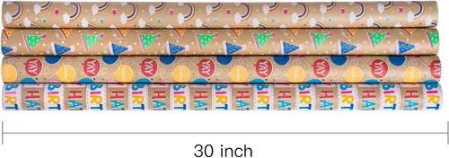Vista 6 de RUSPEPA Rollos de papel kraft para envolver regalos - Diseño de arcoíris de cumpleaños colorido, total de 4 rollos (30 pulgadas x 10 pies, 4 rollos)