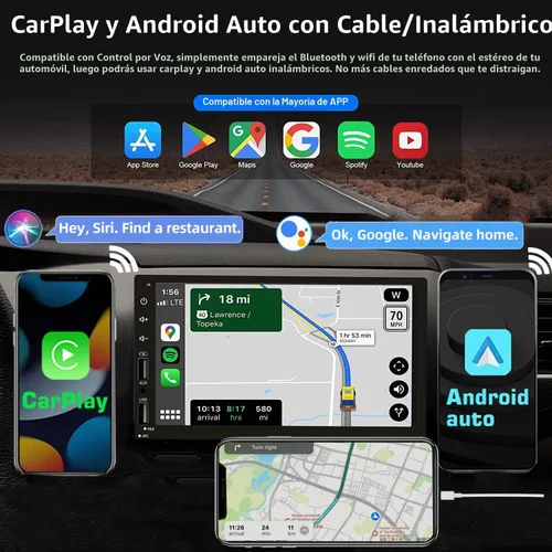 Vista 2 de Estéreo de Coche Doble DIN con Apple CarPlay Inalámbrico y Android Auto, Receptor de Audio de Coche con Pantalla Táctil de 7 Pulgadas, Radio