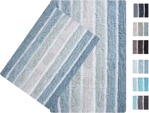 Vista 12 de Ramanta Home Juego de 2 alfombras de baño de algodón a rayas alpinas – Alfombra de baño 100% algodón – 21 x 32 / 17 x 24 – Suave absorbente lavable