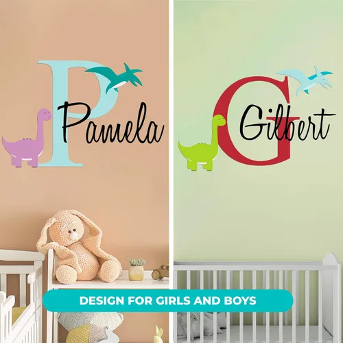 Vista 6 de e-Graphic Design Inc Calcomanías de pared de dinosaurio personalizadas con nombre e inicial, decoración de dormitorio de dinosaurio para niños