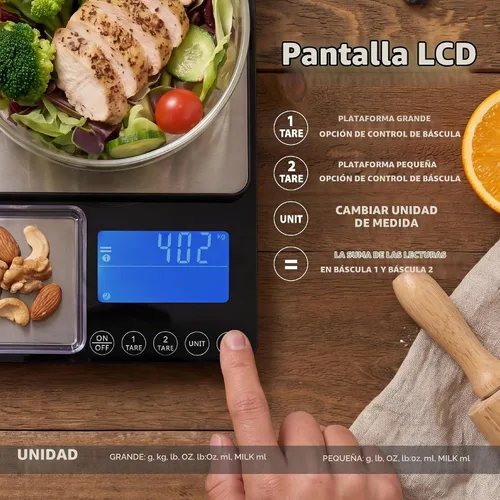 Vista 4 de Báscula de cocina de doble plataforma, báscula digital de alimentos con pantalla doble, dos básculas en una para pesada y precisa, 33 lb/0.01