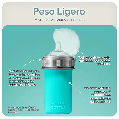 Vista 4 de Mason Bottle Biberón de silicona de 8 onzas con pezón de flujo medio (3 meses o más), biberón de lactancia, bolsa de silicona reutilizable