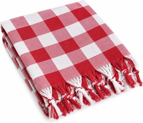 Vista 4 de DESTALYA Mantel a cuadros de 55 x 55 pulgadas, manta de picnic con flecos, 100% algodón, a cuadros, estilo rústico, para cocina