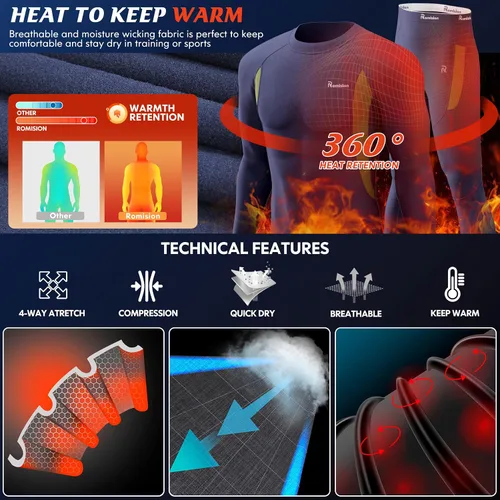 Vista 3 de romision 2 Pack Thermal Underwear for Men Long Johns Fleece Lined Hunting Gear Bottom Top Set Base Layer Cold Weather XS-4XL