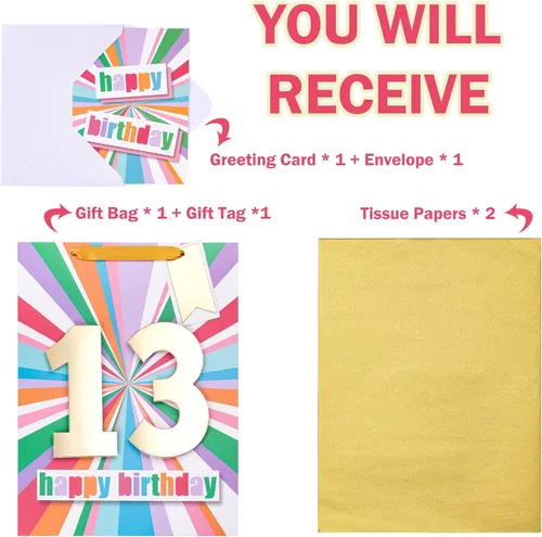 Vista 3 de WRAPAHOLIC Bolsa de regalo de cumpleaños grande de 13 pulgadas con tarjeta y papel de seda - 13 cumpleaños