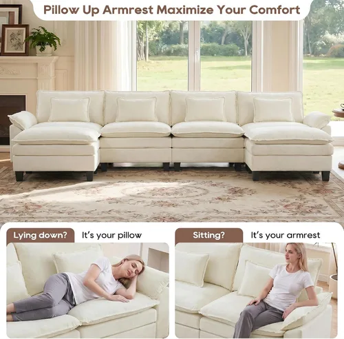 Vista 7 de IPKIG 117" Modular Sectional Cloud Couch, Modern L-Shaped Sofa with Ottoman Blanco beige