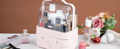 Vista 8 de Nervure Organizador de maquillaje rosa, caja de almacenamiento de cosméticos con tapa, organizador de maquillaje con cubierta libre de polvo y asa