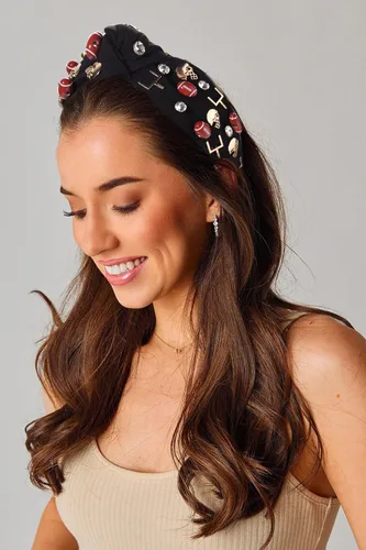 Vista 7 de Diadema de fútbol para mujer con diamantes de imitación de cristal con nudo superior, diadema negra para el día del juego, accesorios para la cabeza