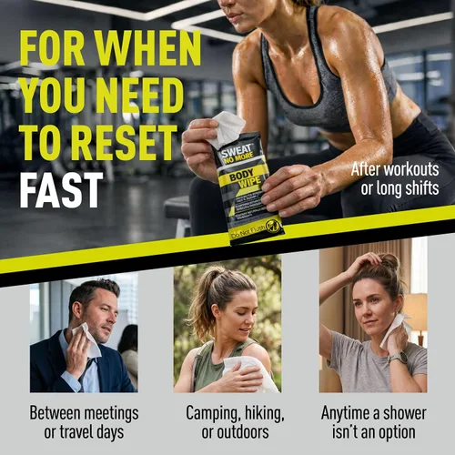 Vista 5 de Sweat No More - Toallitas corporales – Ducha portátil sin enjuague para adultos, artículos de aseo de tamaño de viaje, gimnasio, artículos