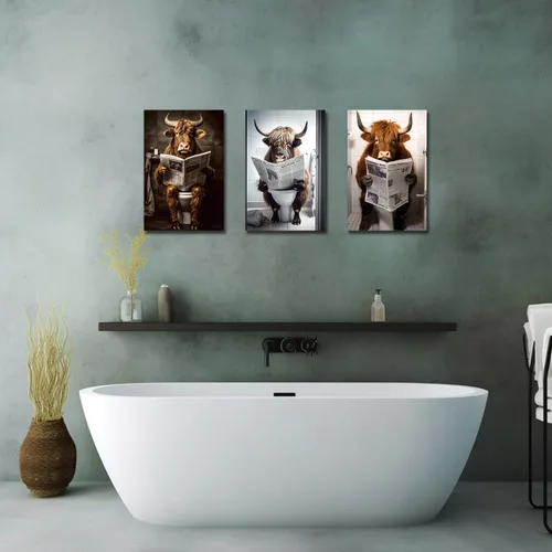 Vista 5 de LZIMU 3 impresiones en lienzo de vaca de las tierras altas – Divertidas imágenes de animales de baño – enmarcado (11 x 14 pulgadas, 3 piezas)